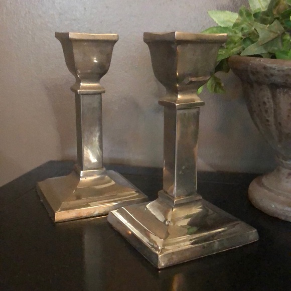 (2) Metal Candle Holders-Silver Toned-Square Base-Tapers-Vintage